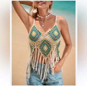JCL Boho Hippie Bohemian Crochet Bikini Fringe White Turquoise Blue Yellow ML